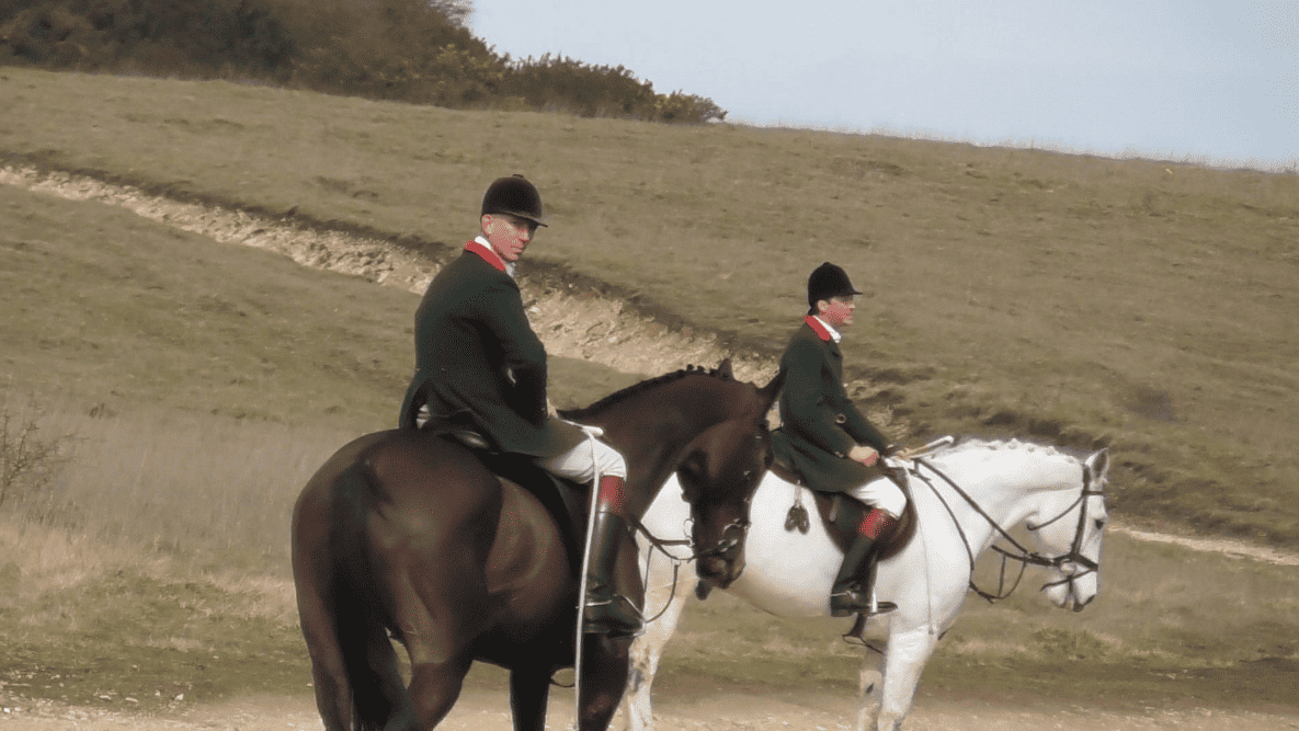 Whipper-in Guy Loader (left) and Huntsman Charles Carter, image taken on Loaders’ last day out with the Royal Artillery in March 2023, he has jumped this sinking ship and is off to hunt the nearby Wilton hounds next season. Image Courtesy of Wiltshire Hunt Saboteurs