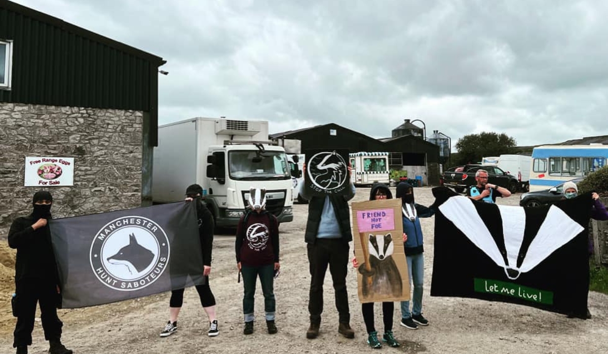 Manchester Hunt Sabs protesting against a dairy farm in the Peak District that participates in the badger cull.